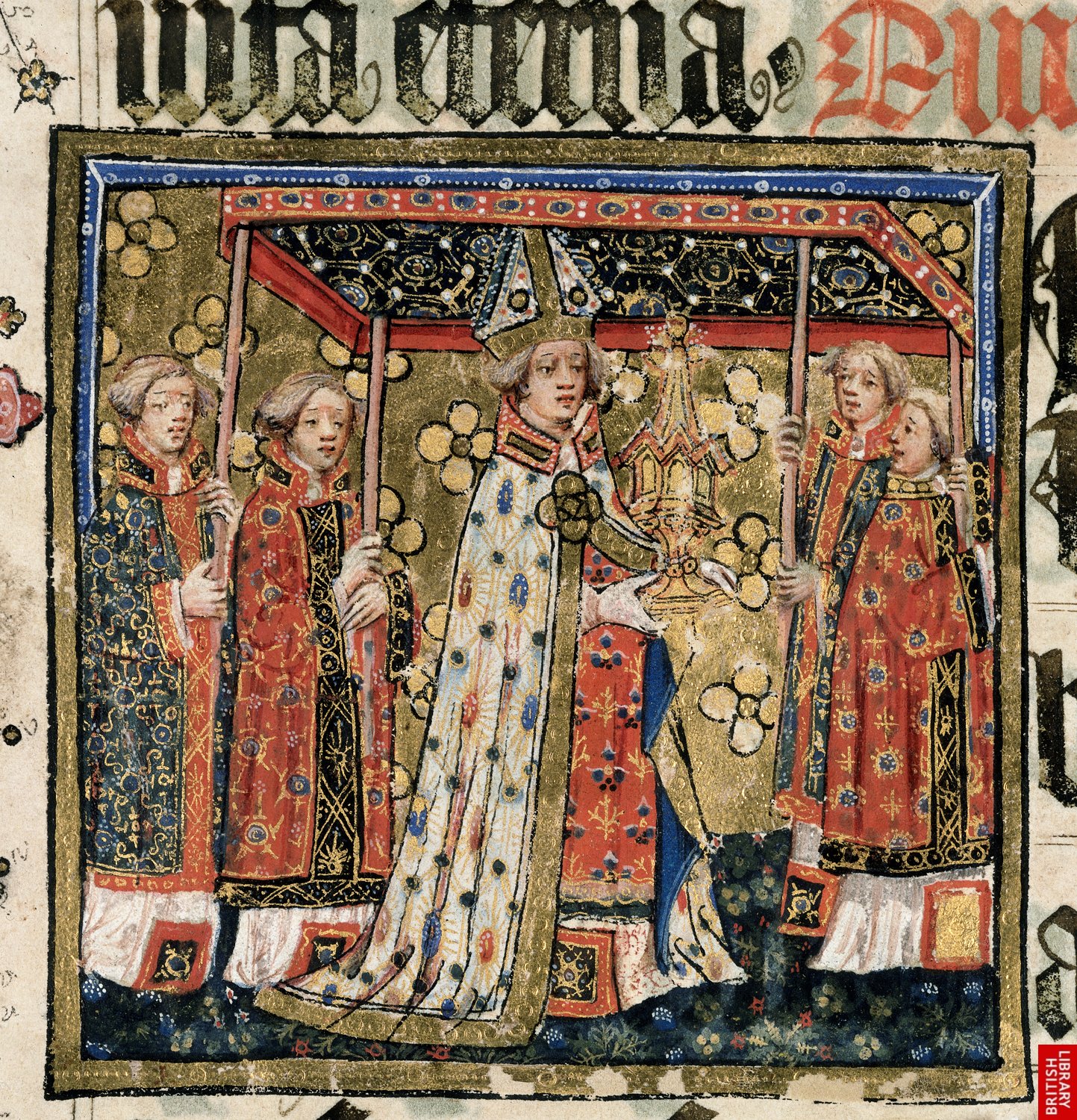 Detail of a miniature of a bishop carrying a monstrance in a Corpus Christi procession under an canopy carried by four clerics. Lovell Lectionary