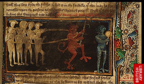 Guillaume de Deguileville (translator), ‘Devil holding a hook encircling naked people with a rope.’ from The Pilgrimage of the Soul
