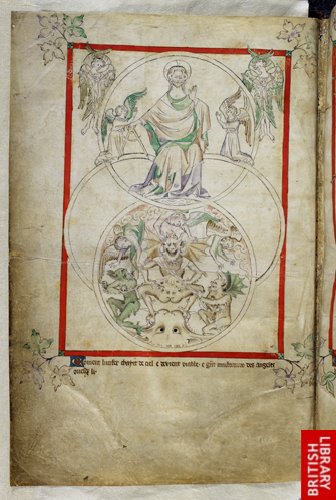 ‘ God holding a compass with angels and cherubins, and Lucifer with fallen angels and devils’ The Queen Mary Psalter