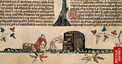 Royal 10 E IV   f. 145v  Baker putting loaves in oven