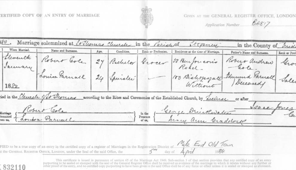 Cole Parnall marriage certificate 1880